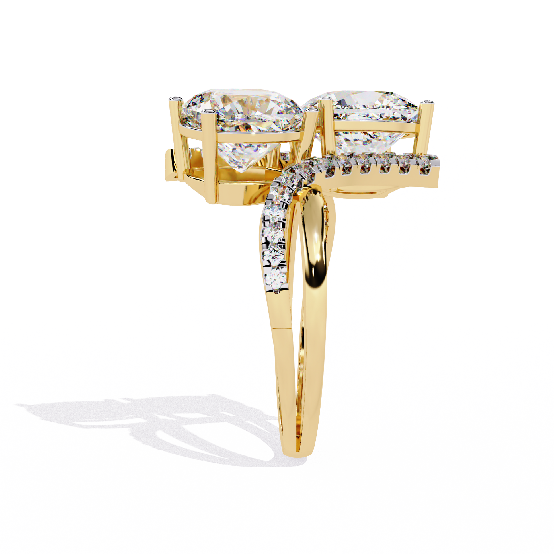 ring features two massive Cushion-cut diamonds set in a dramatic vertical orientation