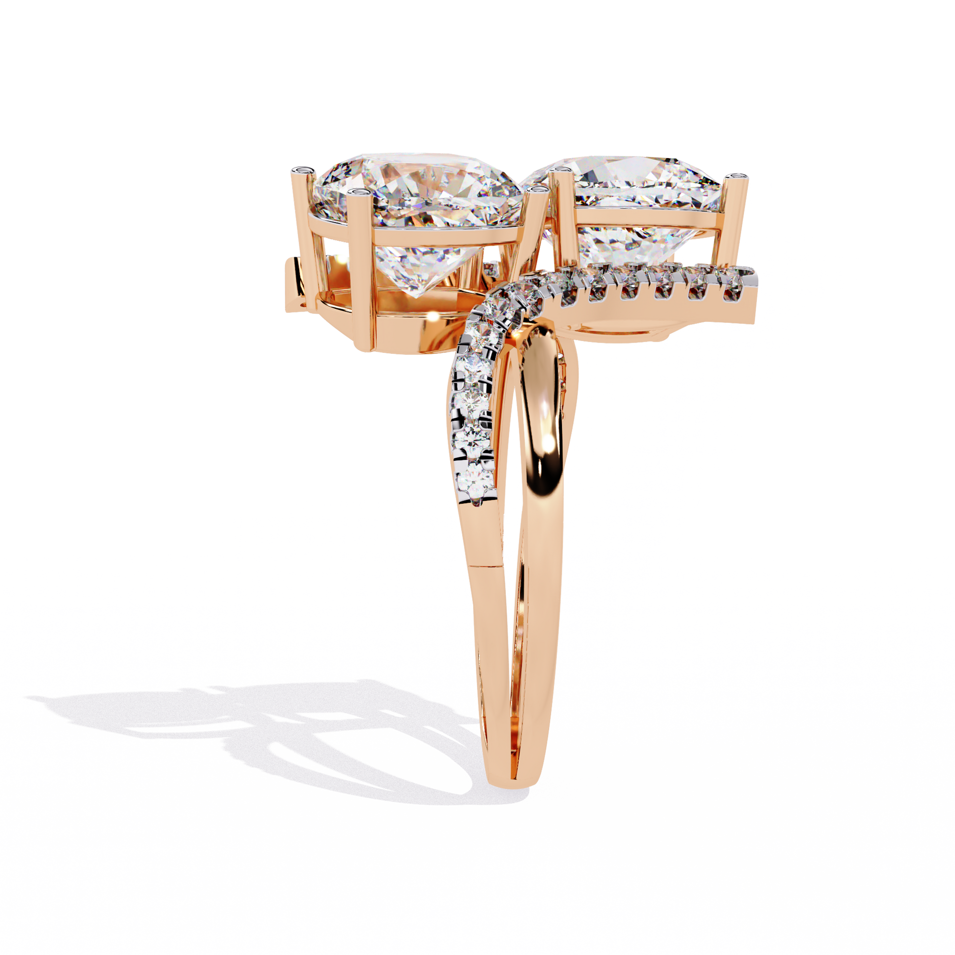 ring features two massive Cushion-cut diamonds set in a dramatic vertical orientation