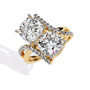 ring features two massive Cushion-cut diamonds set in a dramatic vertical orientation