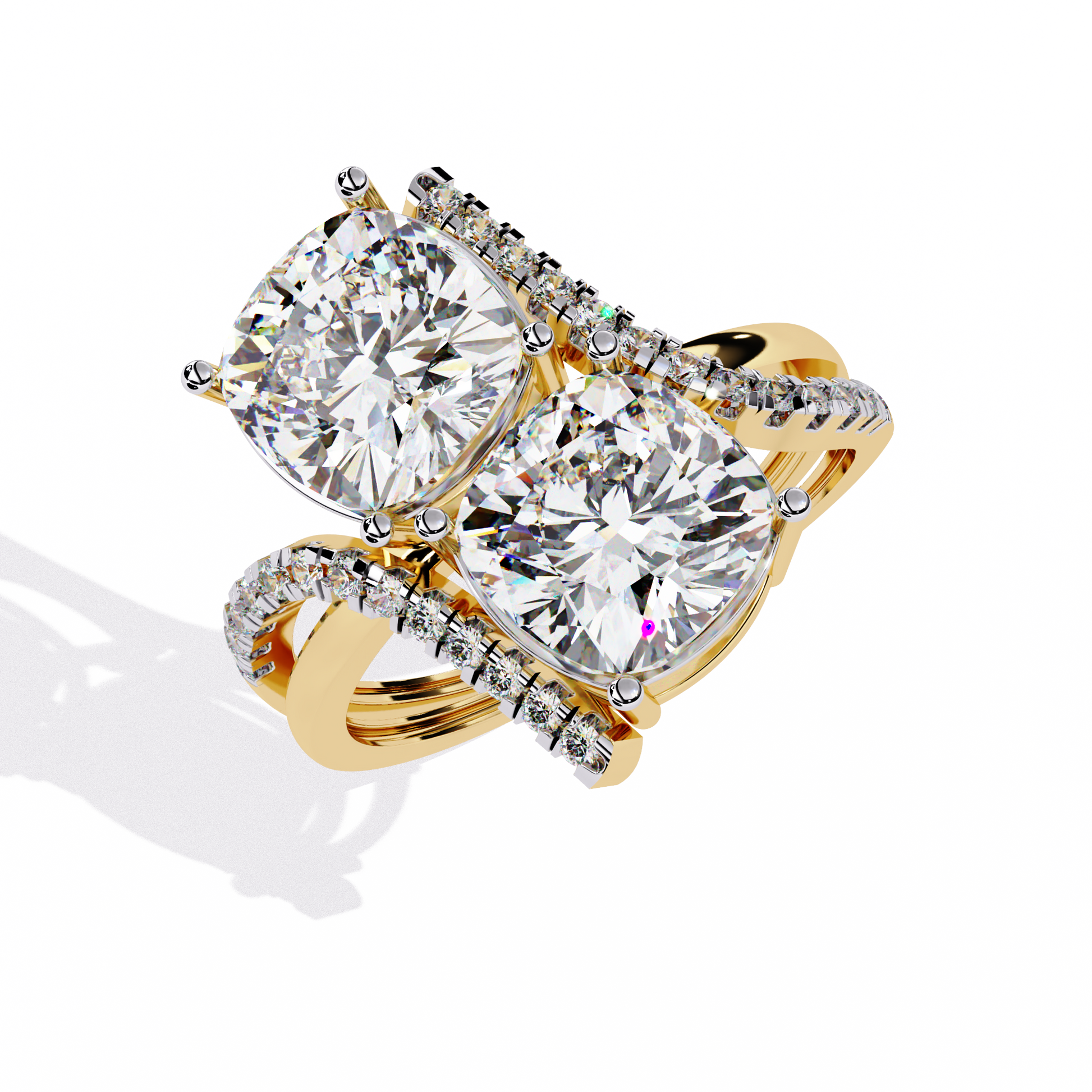 ring features two massive Cushion-cut diamonds set in a dramatic vertical orientation