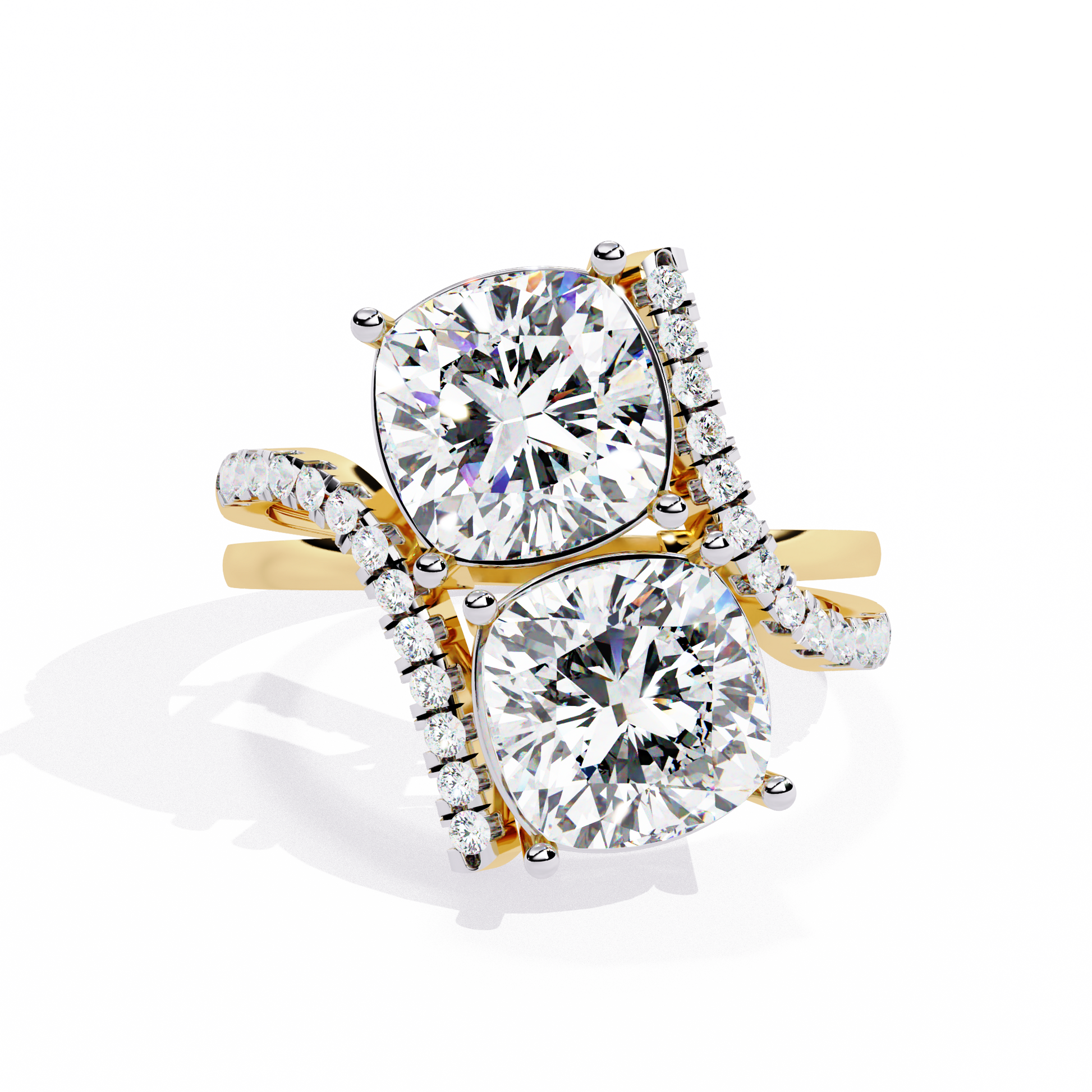 ring features two massive Cushion-cut diamonds set in a dramatic vertical orientation