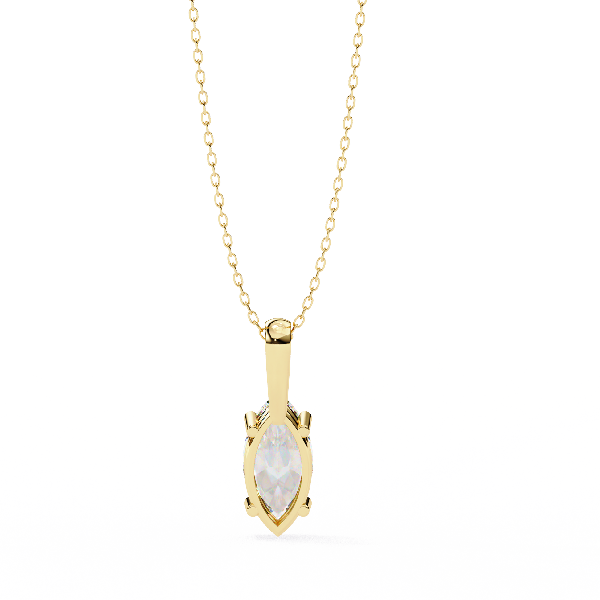 Gold necklace with a diamond pendant on a white background
