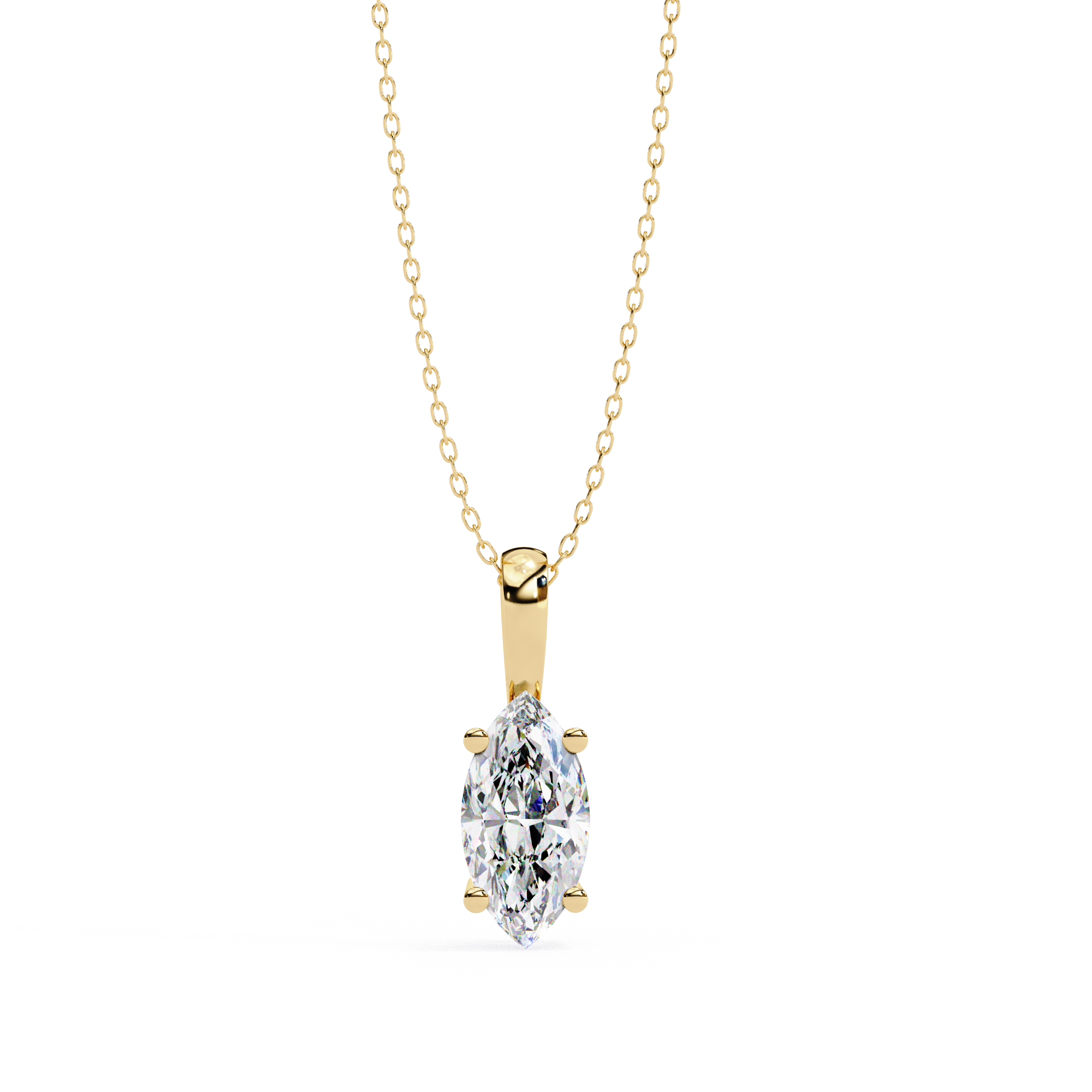 Gold necklace with a diamond pendant on a white background