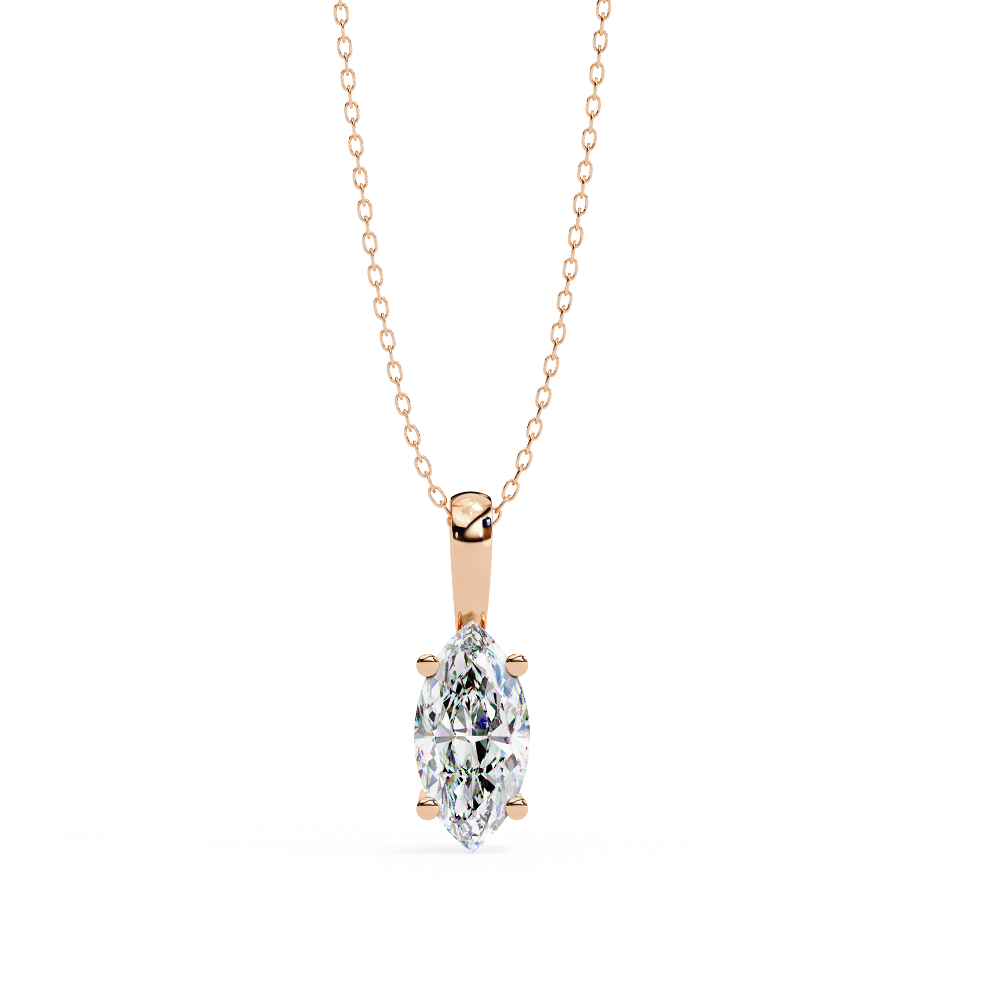Rose gold necklace with a diamond pendant on a white background
