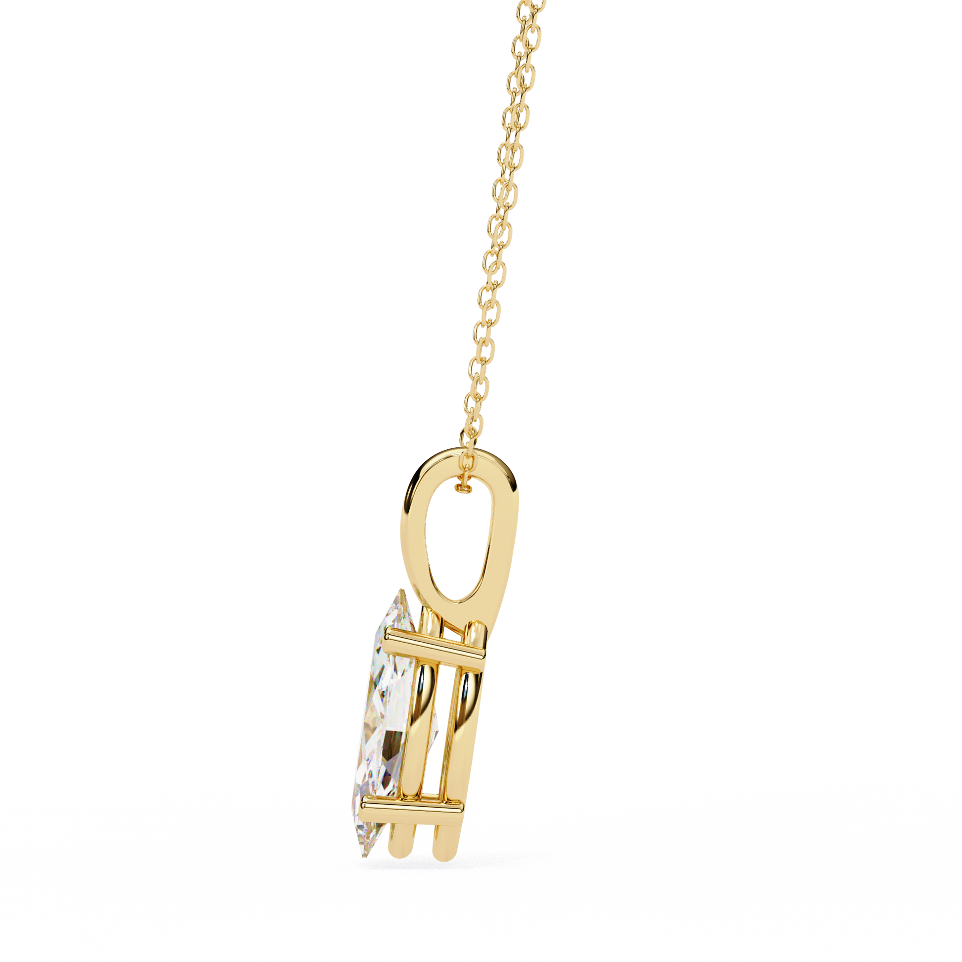 Gold necklace with a diamond pendant on a white background