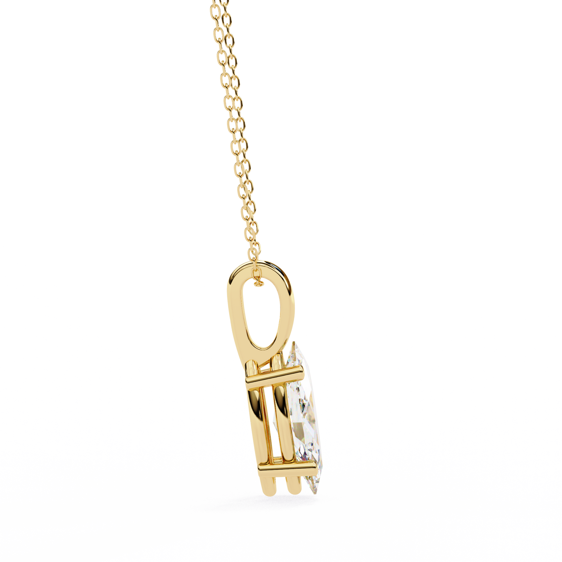 Gold necklace with a diamond pendant on a white background