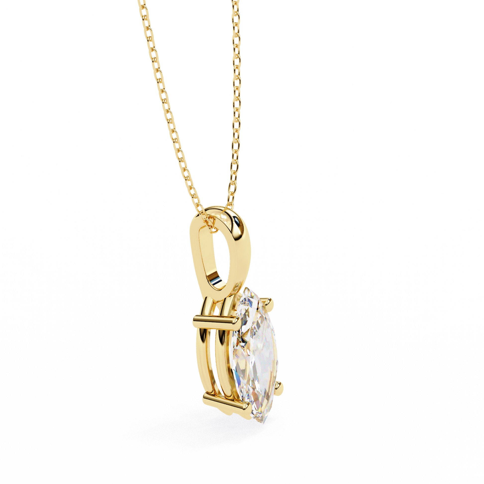 Gold necklace with a diamond pendant on a white background