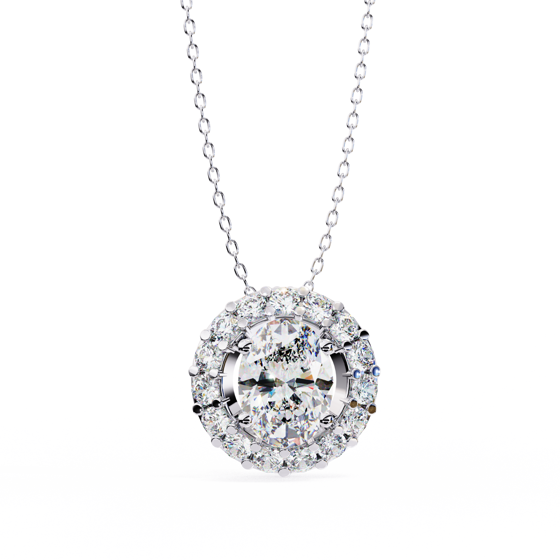 vertical oval centre diamond is encircled by a scalloped border of shimmering accent stones