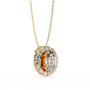 vertical oval centre diamond is encircled by a scalloped border of shimmering accent stones