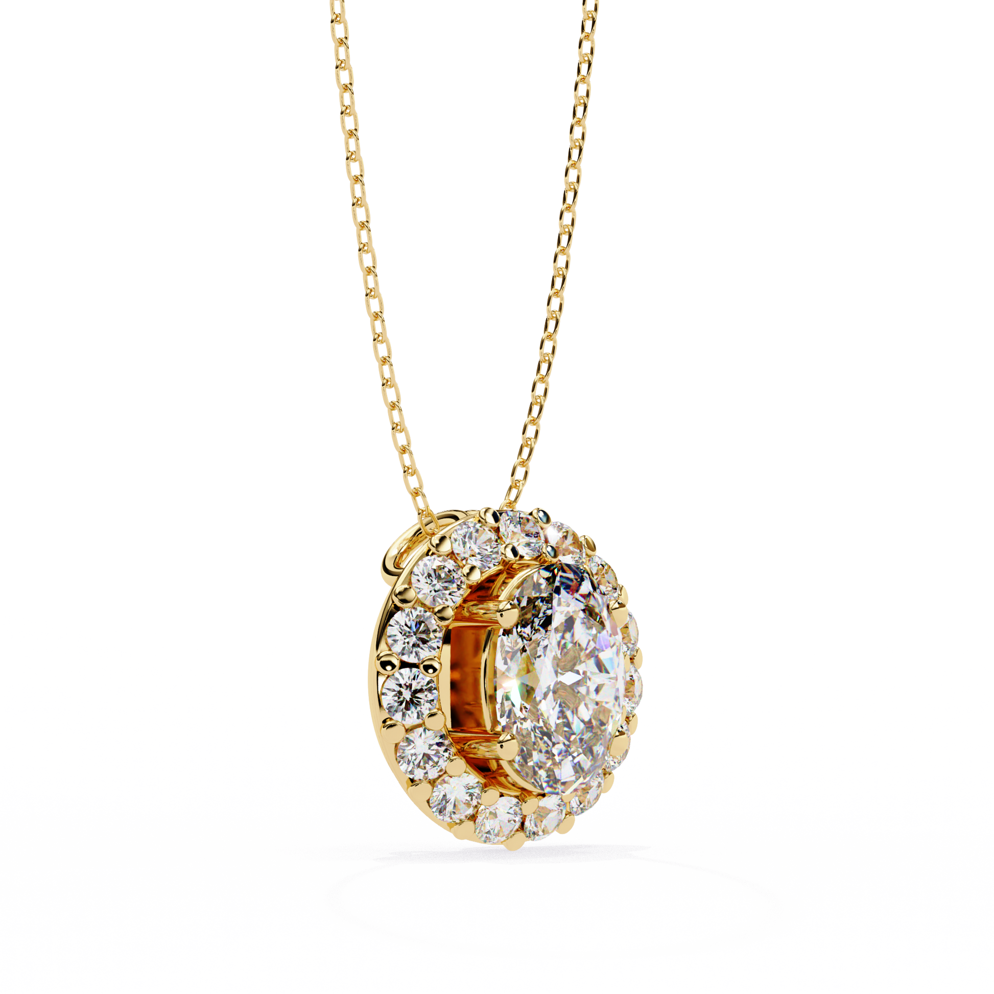vertical oval centre diamond is encircled by a scalloped border of shimmering accent stones