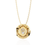 vertical oval centre diamond is encircled by a scalloped border of shimmering accent stones