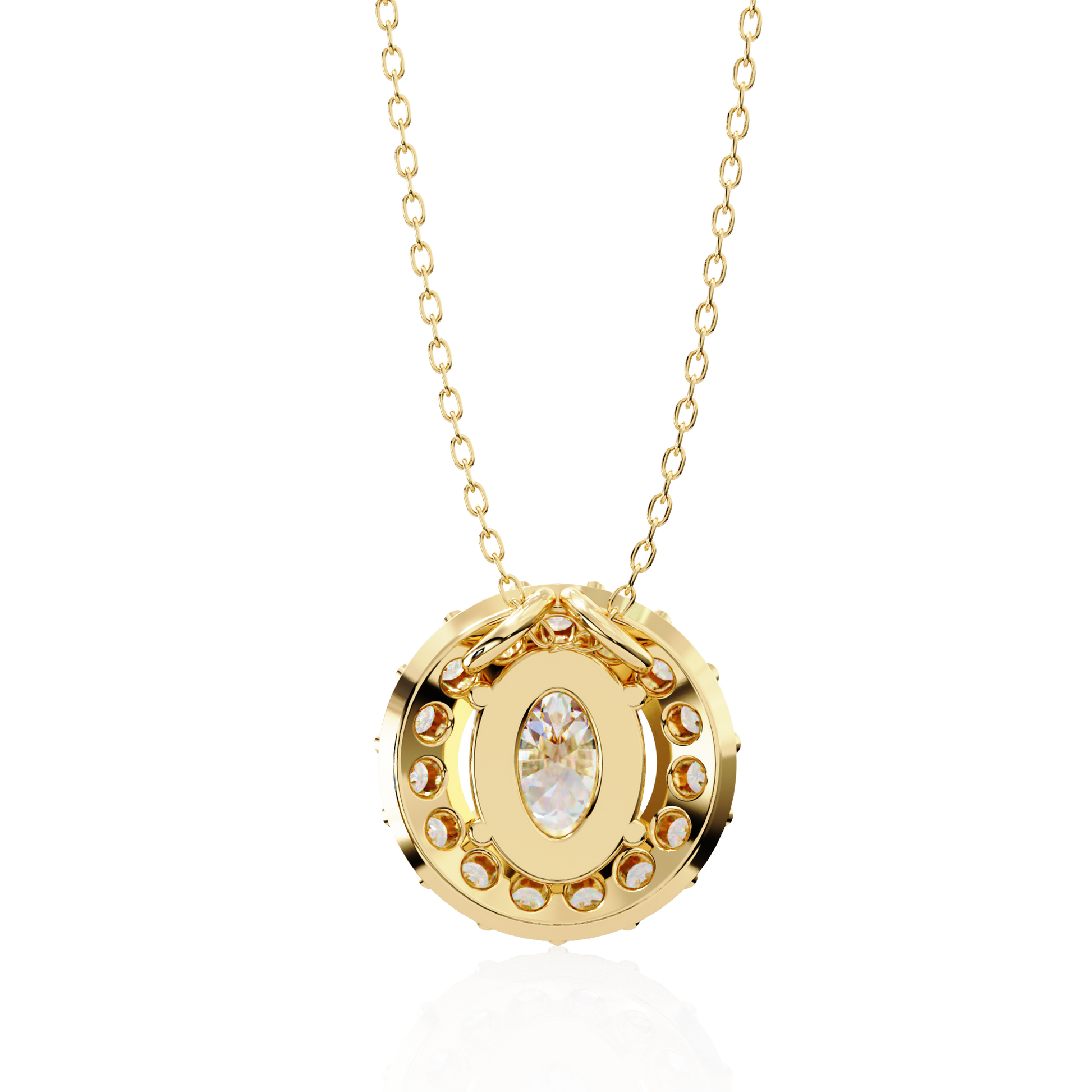 vertical oval centre diamond is encircled by a scalloped border of shimmering accent stones