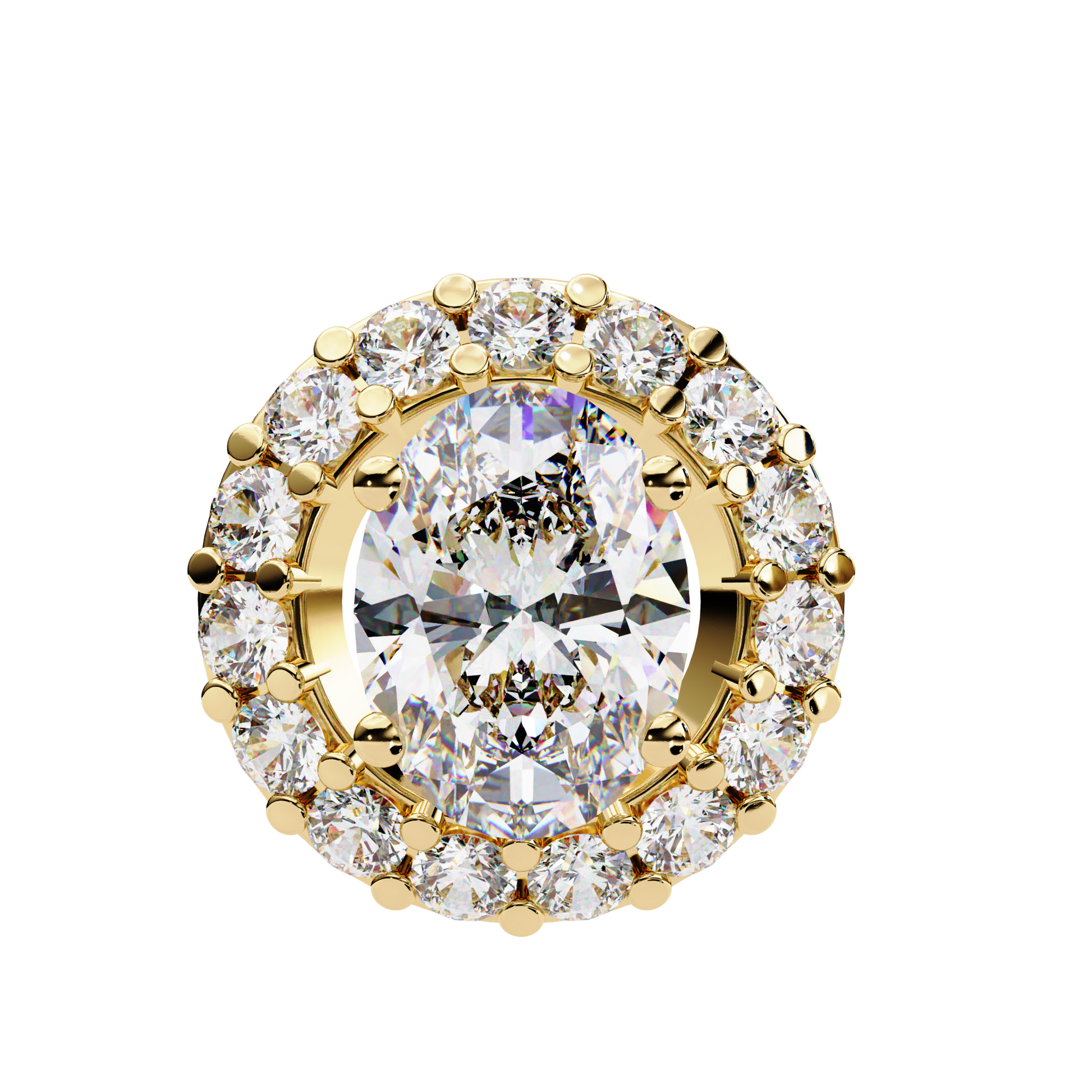 vertical oval centre diamond is encircled by a scalloped border of shimmering accent stones