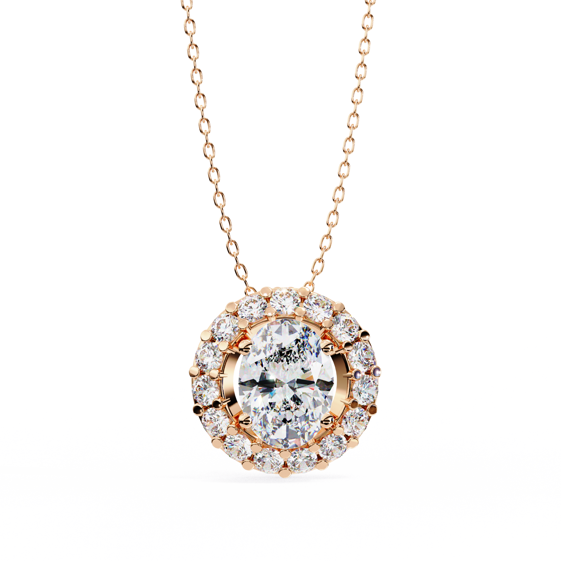 vertical oval centre diamond is encircled by a scalloped border of shimmering accent stones