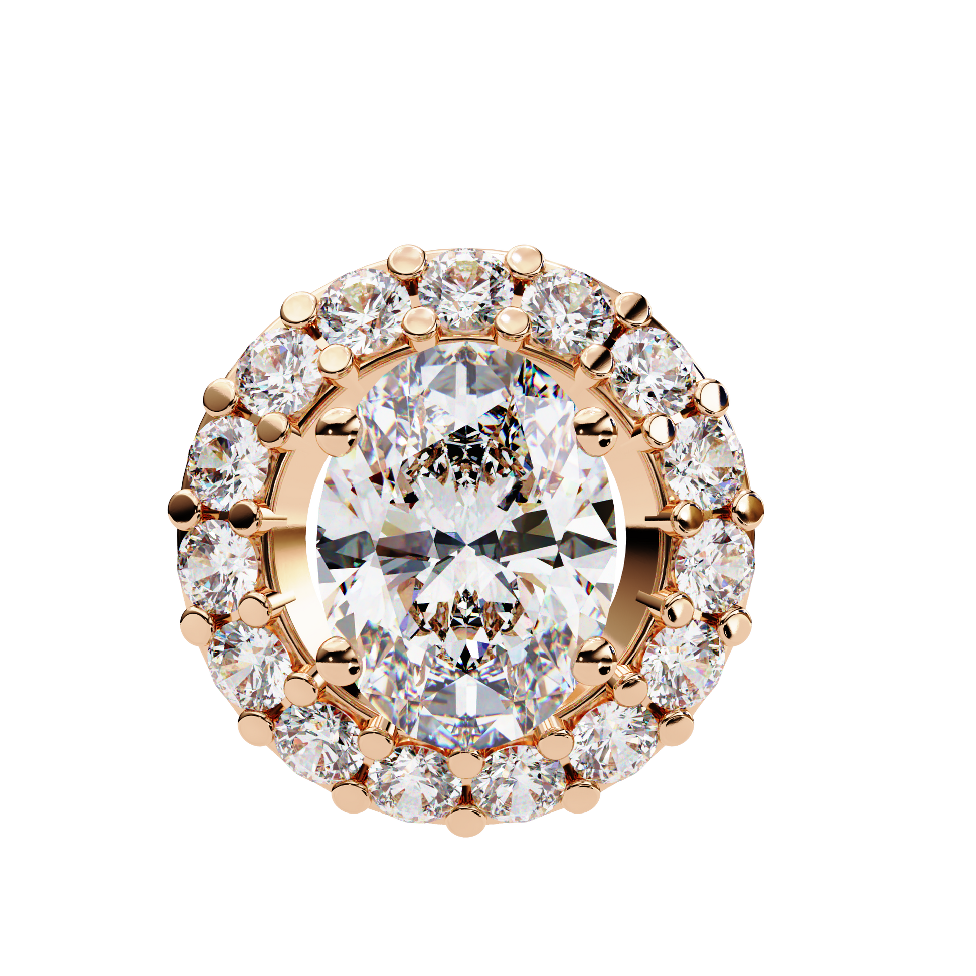 vertical oval centre diamond is encircled by a scalloped border of shimmering accent stones