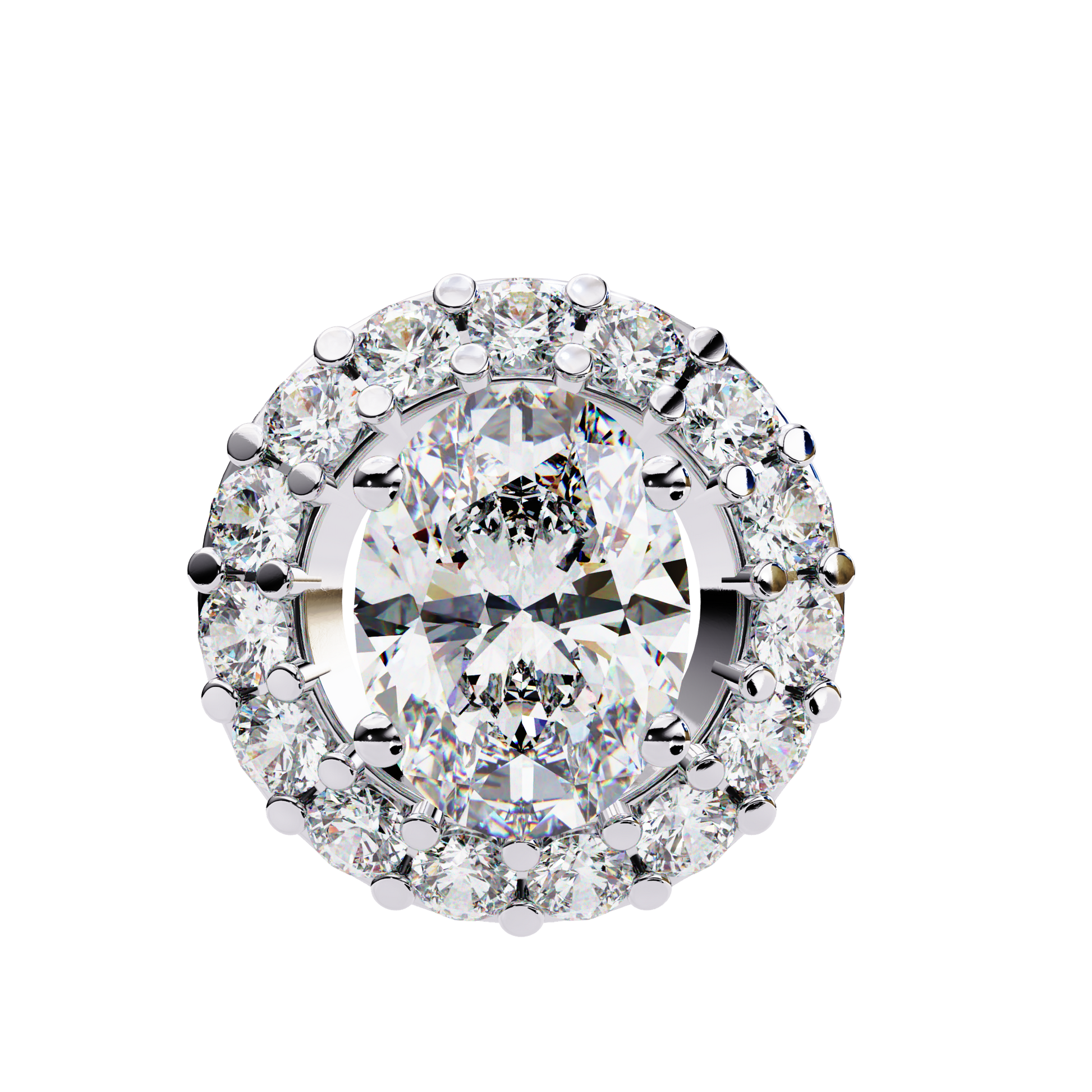 vertical oval centre diamond is encircled by a scalloped border of shimmering accent stones