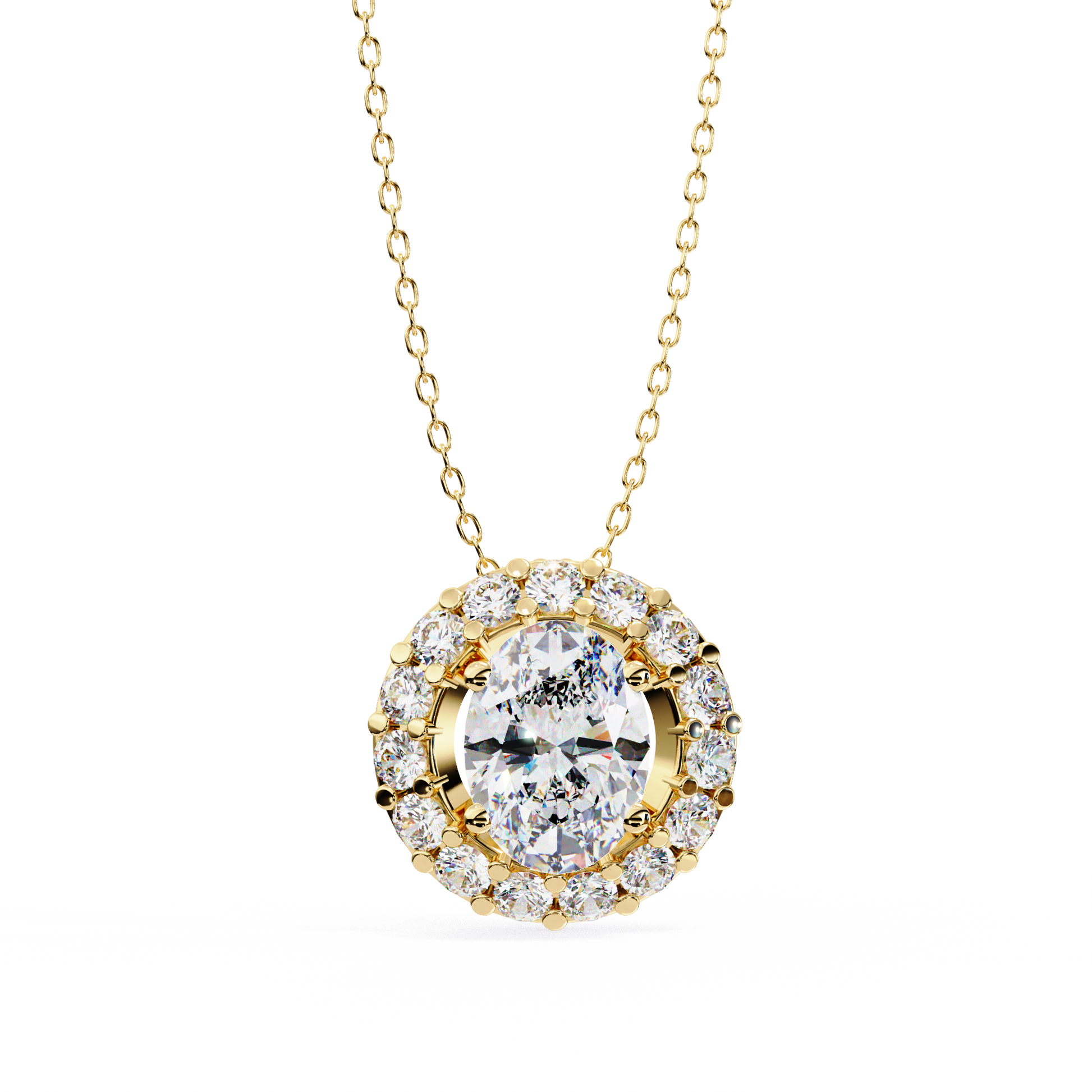 vertical oval centre diamond is encircled by a scalloped border of shimmering accent stones