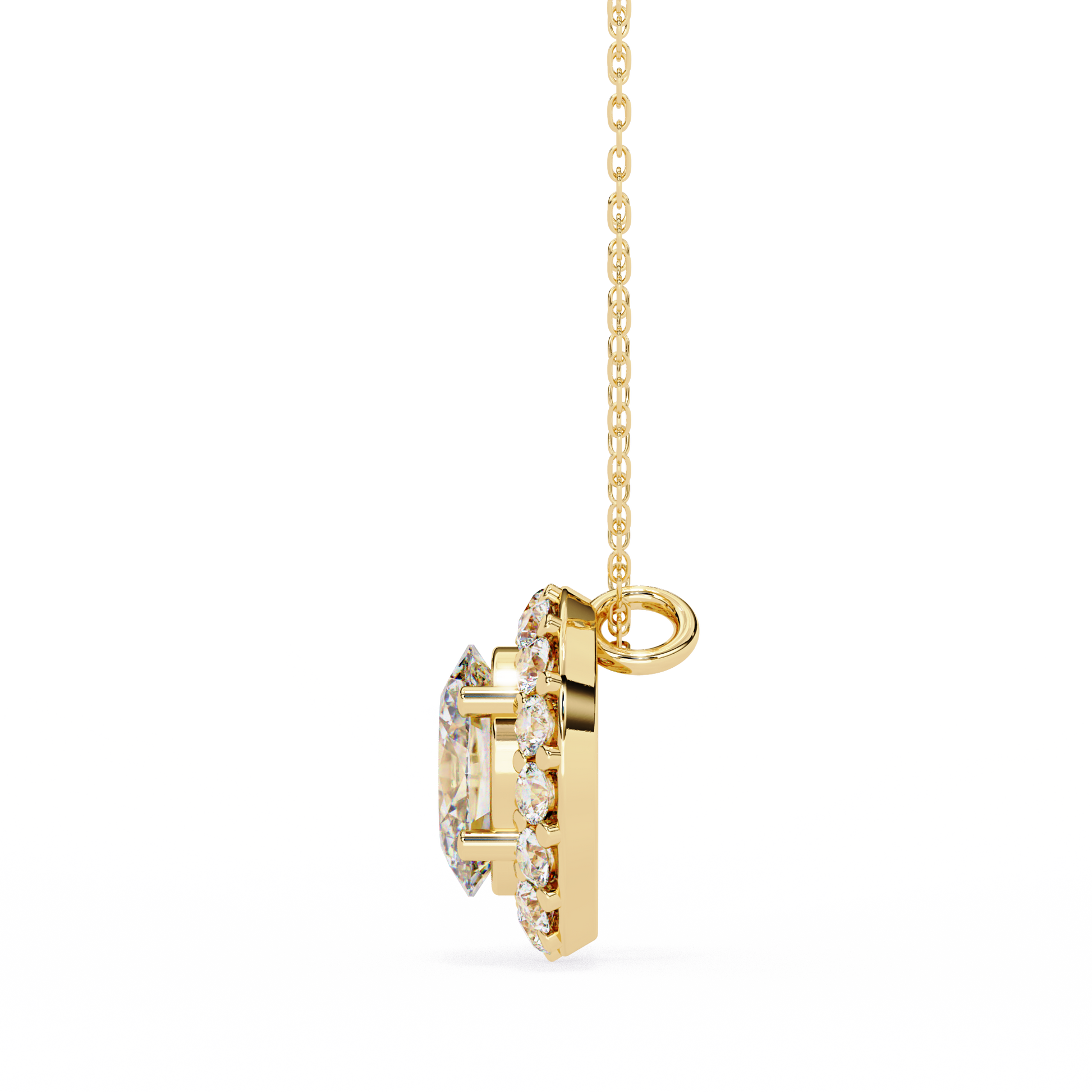 vertical oval centre diamond is encircled by a scalloped border of shimmering accent stones