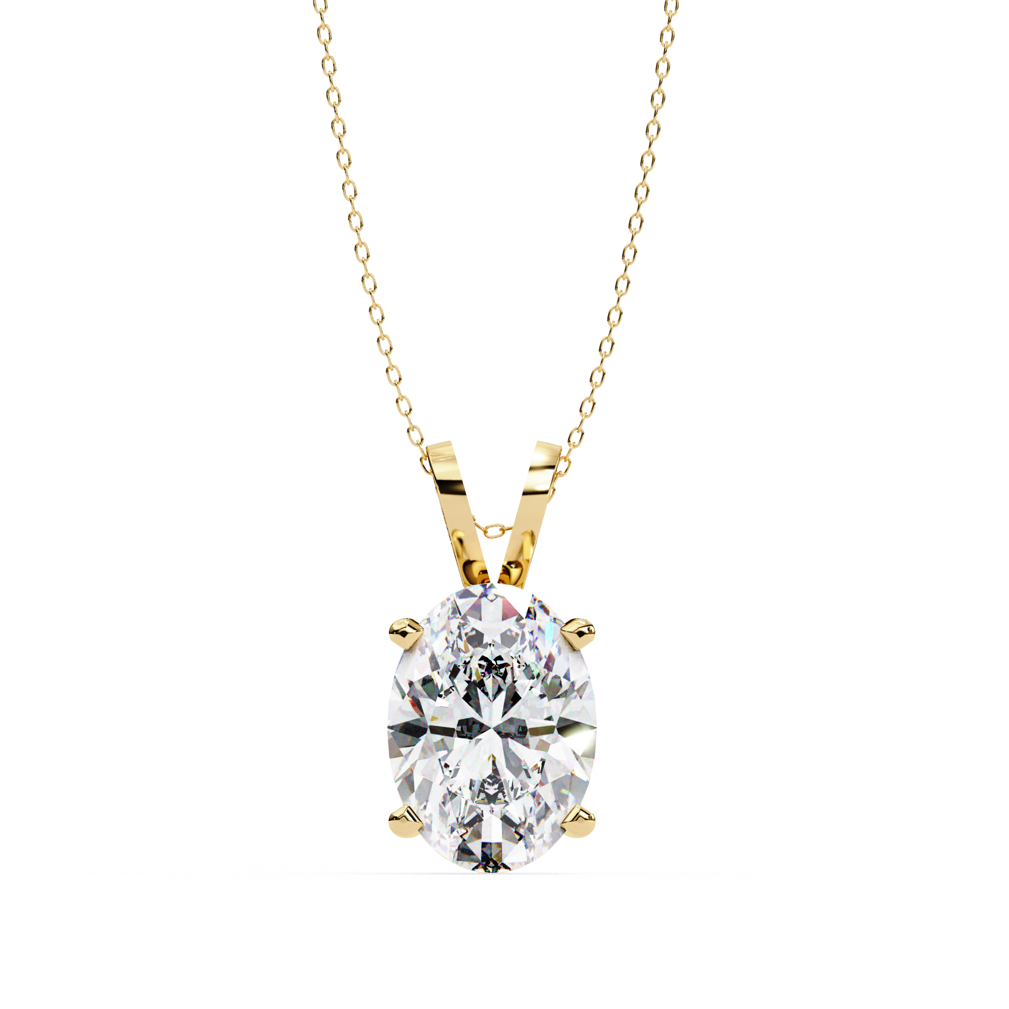 Gold necklace with a diamond pendant on a white background