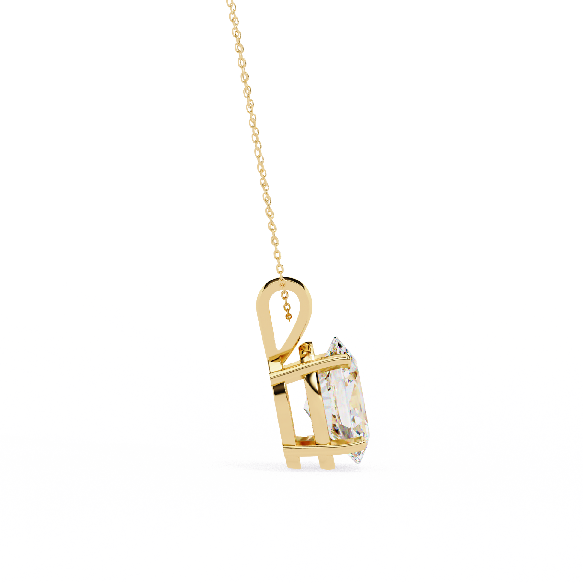 Gold necklace with a diamond pendant on a white background