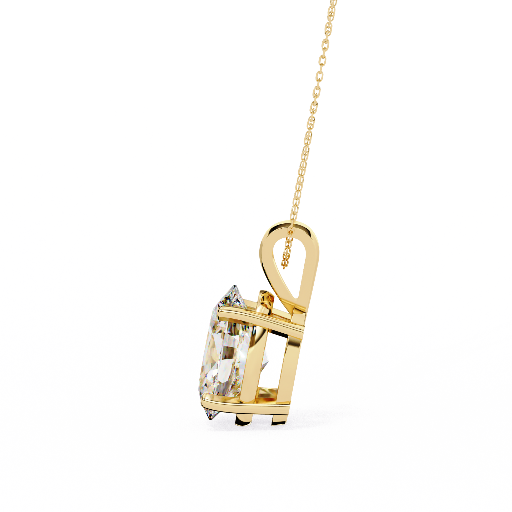 Gold necklace with a diamond pendant on a white background