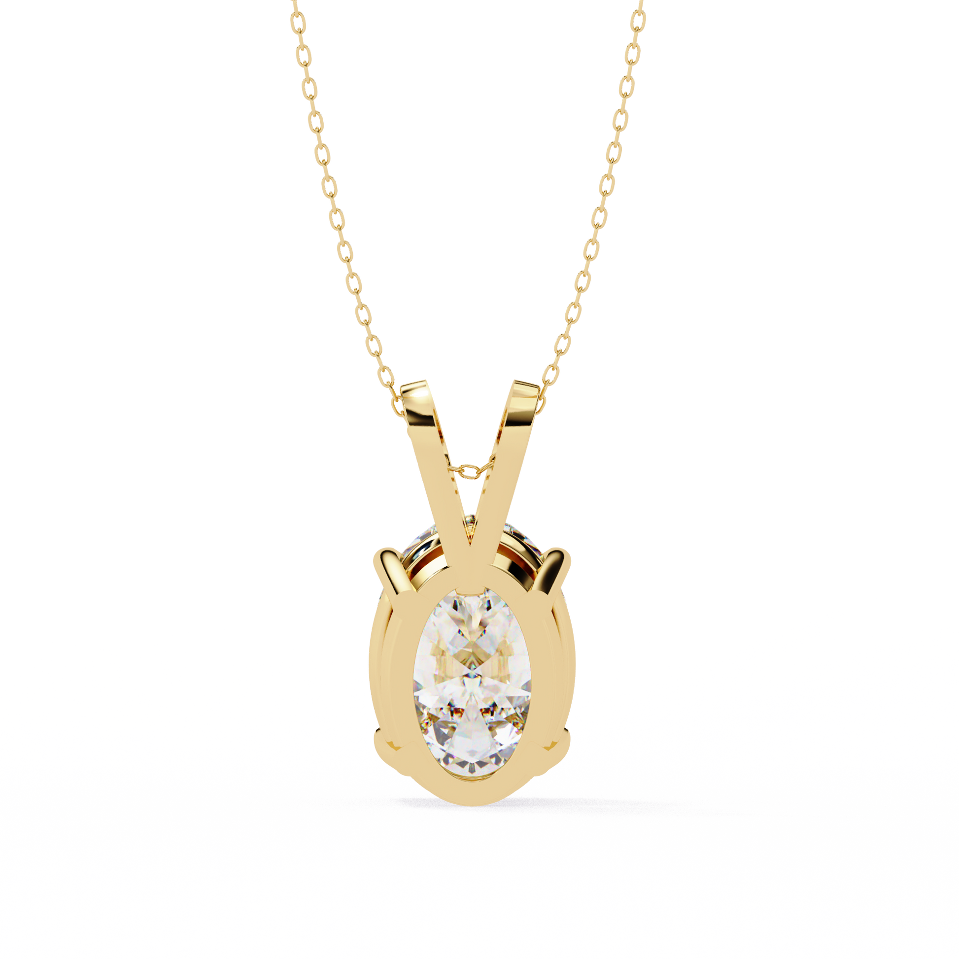 Gold necklace with a diamond pendant on a white background