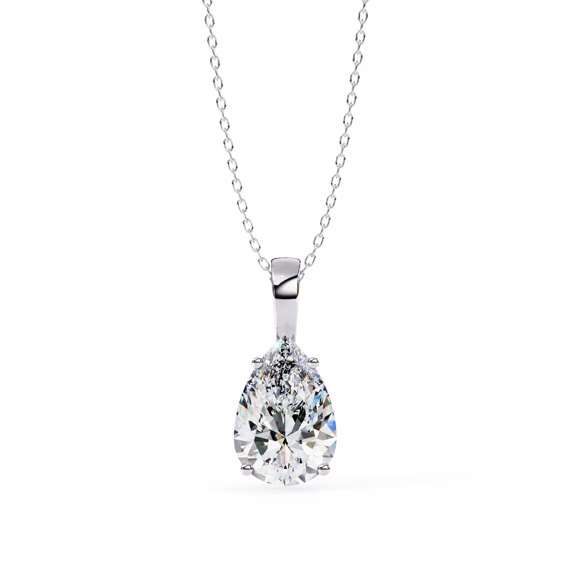 Solitaire pendant showcases a breathtaking Pear-shaped diamond held in a secure vertical orientation