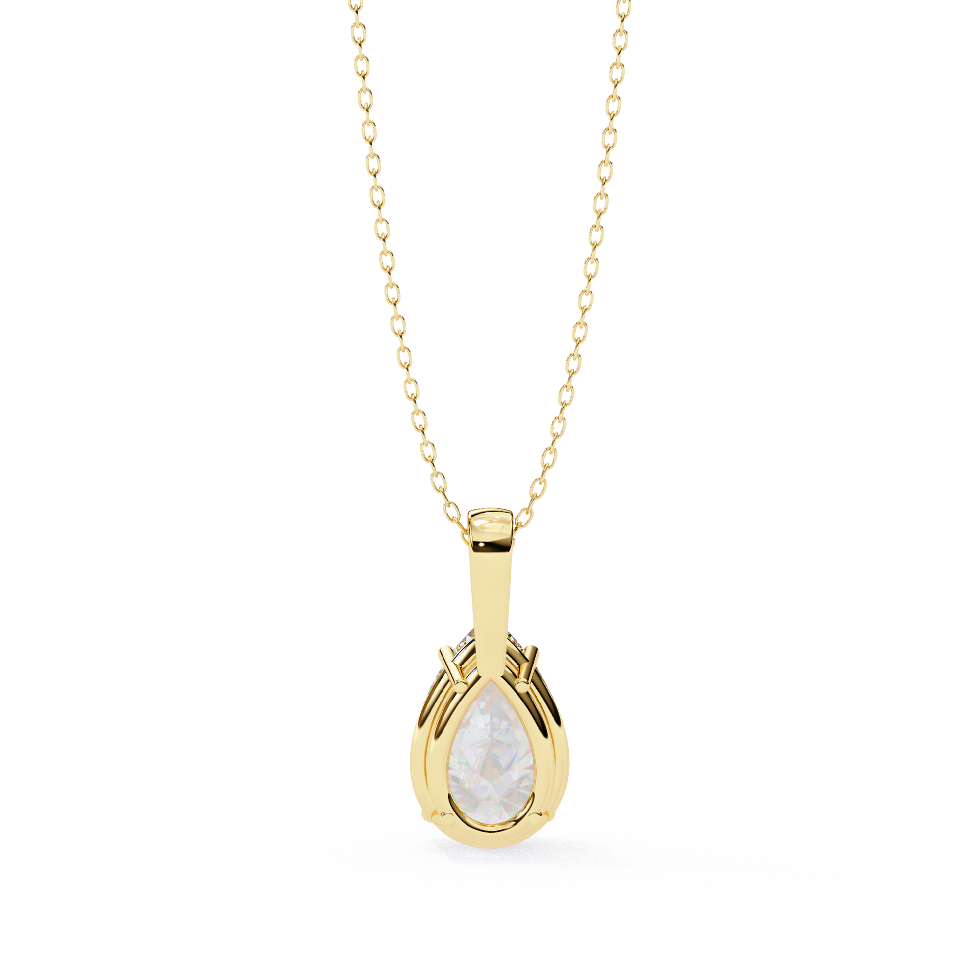 Solitaire pendant showcases a breathtaking Pear-shaped diamond held in a secure vertical orientation