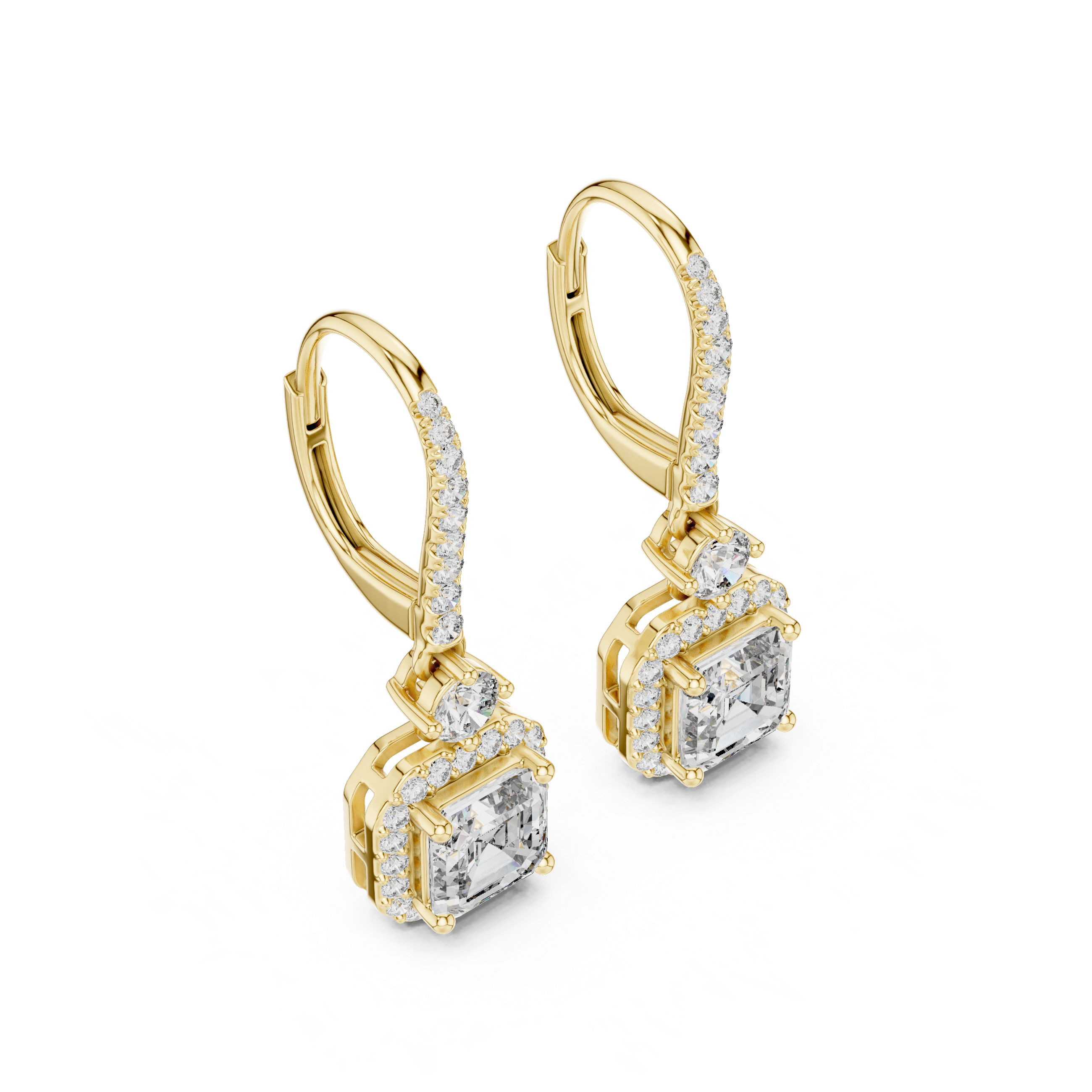 Gold and diamond earrings on a white background