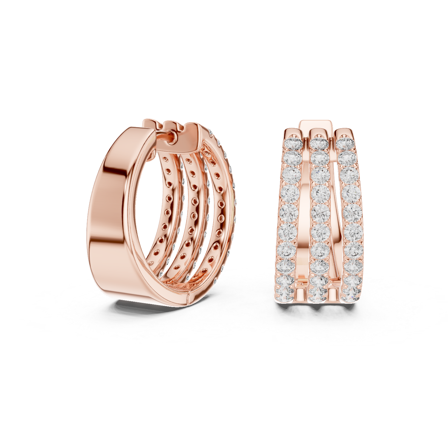 Rose gold hoop earrings with diamond accents on a white background