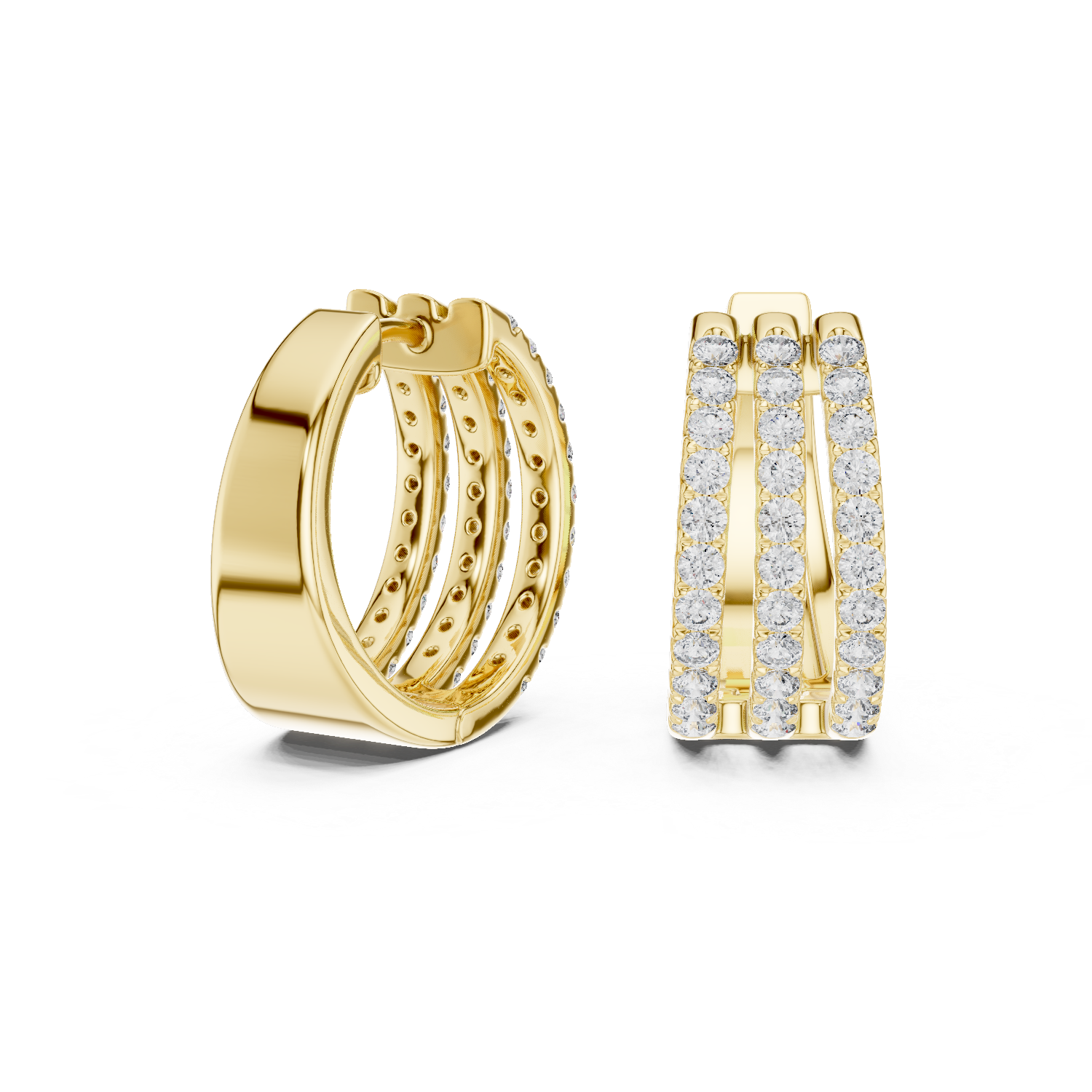 Gold hoop earrings with diamond accents on a white background