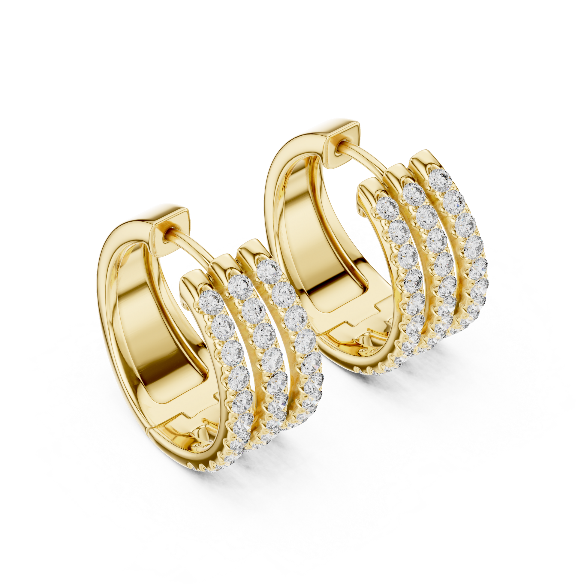 Gold hoop earrings with diamond accents on a white background